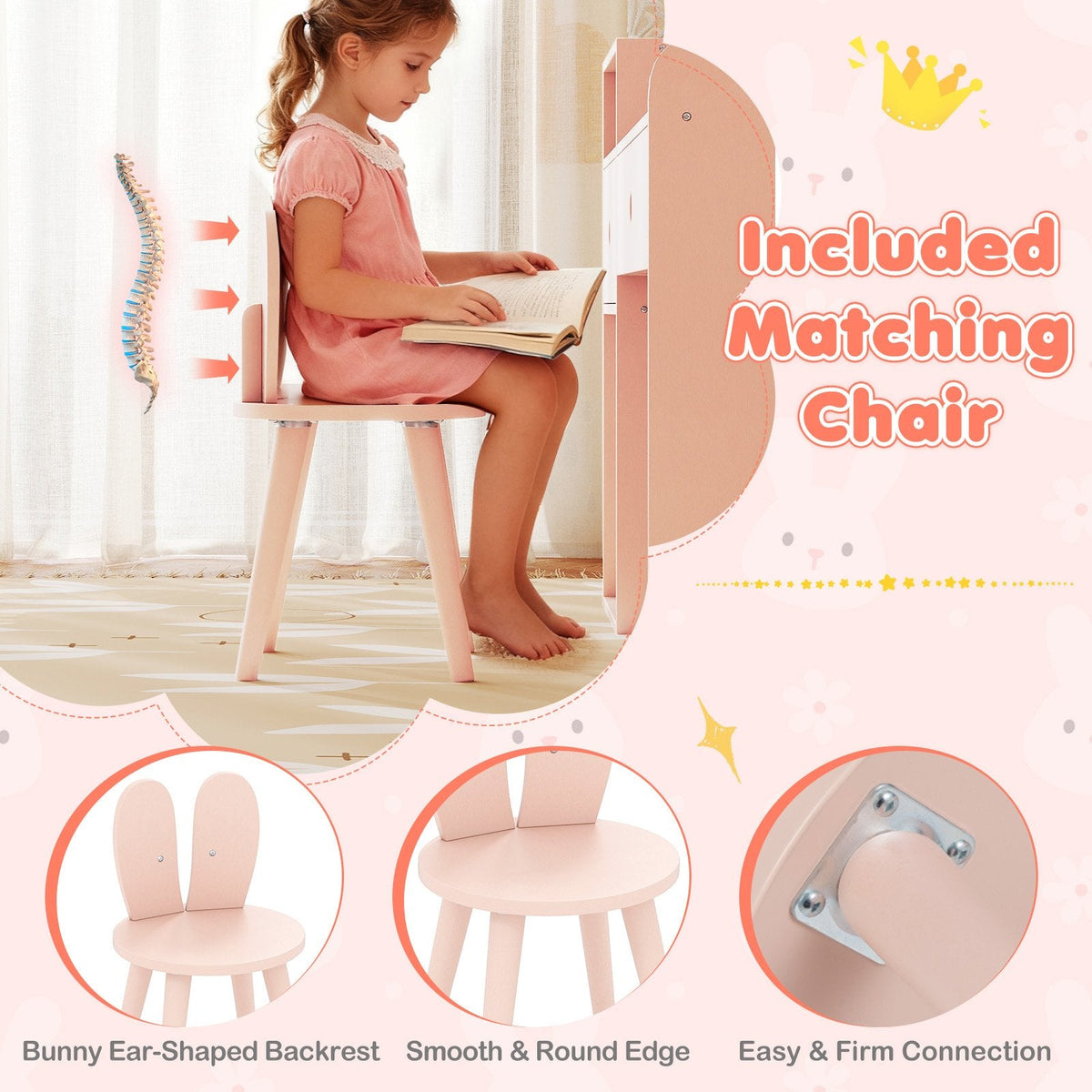 Kids Vanity Desk and Chair Set with Lights, Open Shelves-Pink