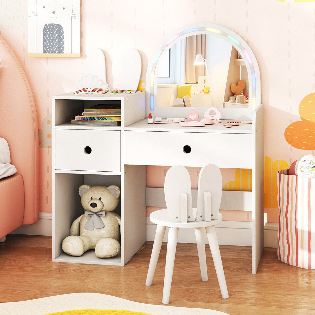 Kids Vanity Desk and Chair Set with Lights, Open Shelves-White
