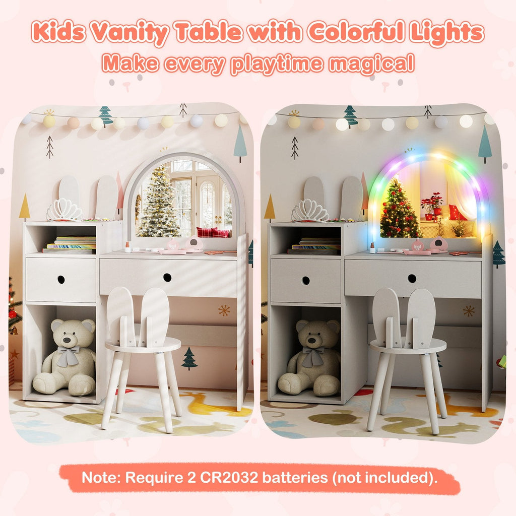 Kids Vanity Desk and Chair Set with Lights, Open Shelves-White
