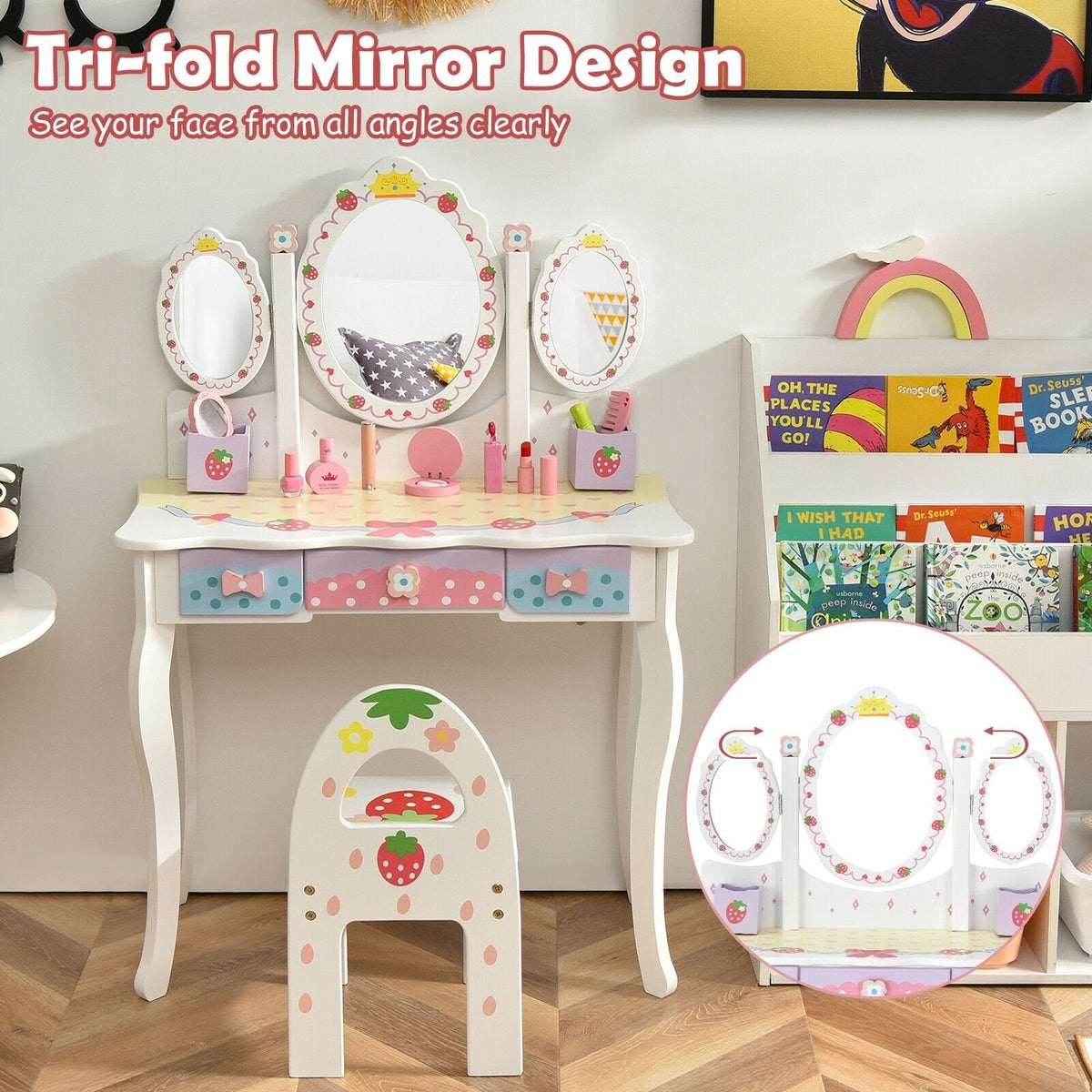 Kids Vanity Princess Makeup Dressing Table Chair Set with Tri-fold Mirror-White