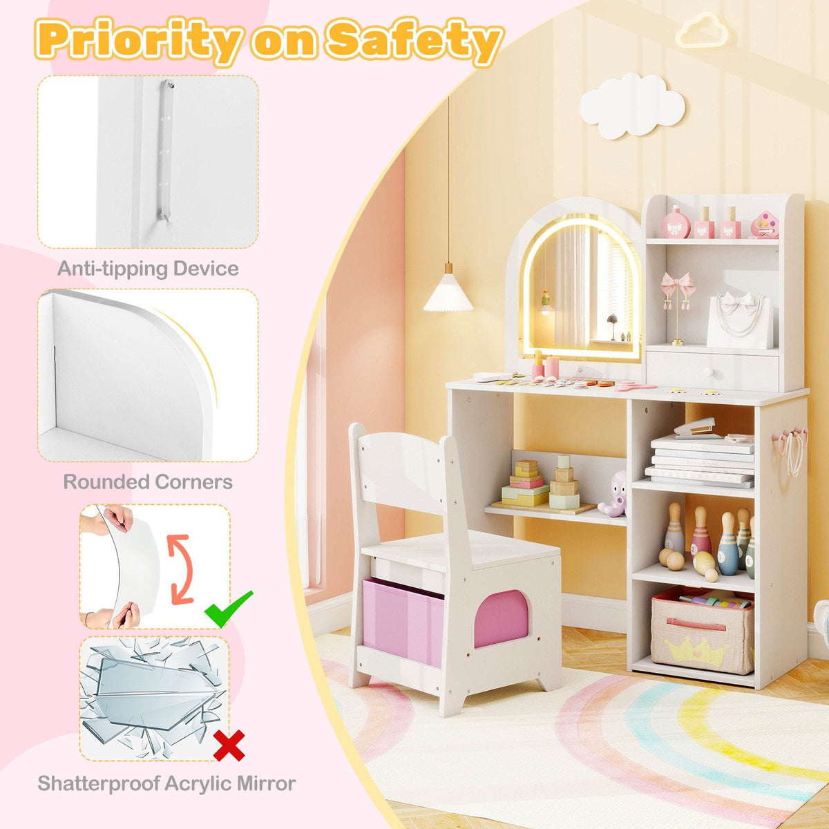 Kids Vanity Set Princess Girls Makeup Vanity Desk with Chair and 3-Color LED Lighted Mirror-White