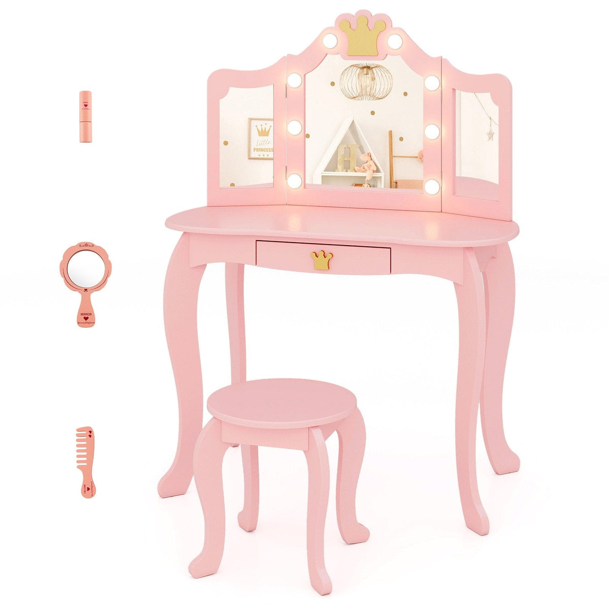 Kids Vanity Set with Tri-fold Lighted Mirror Detachable Top and Stool-Pink