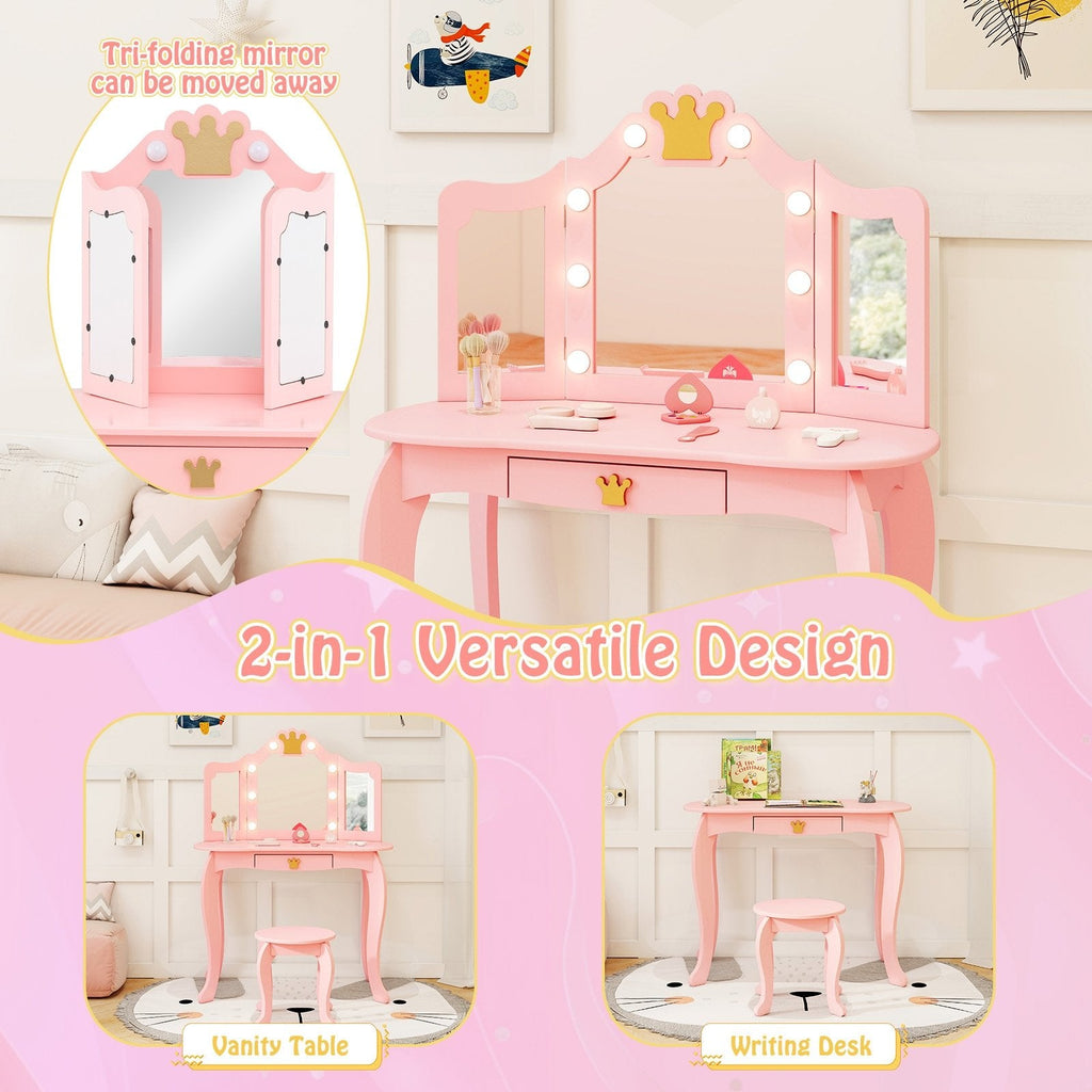 Kids Vanity Set with Tri-fold Lighted Mirror Detachable Top and Stool-Pink