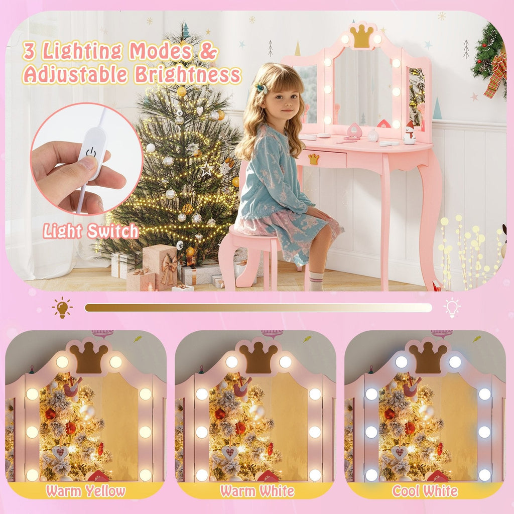 Kids Vanity Set with Tri-fold Lighted Mirror Detachable Top and Stool-Pink