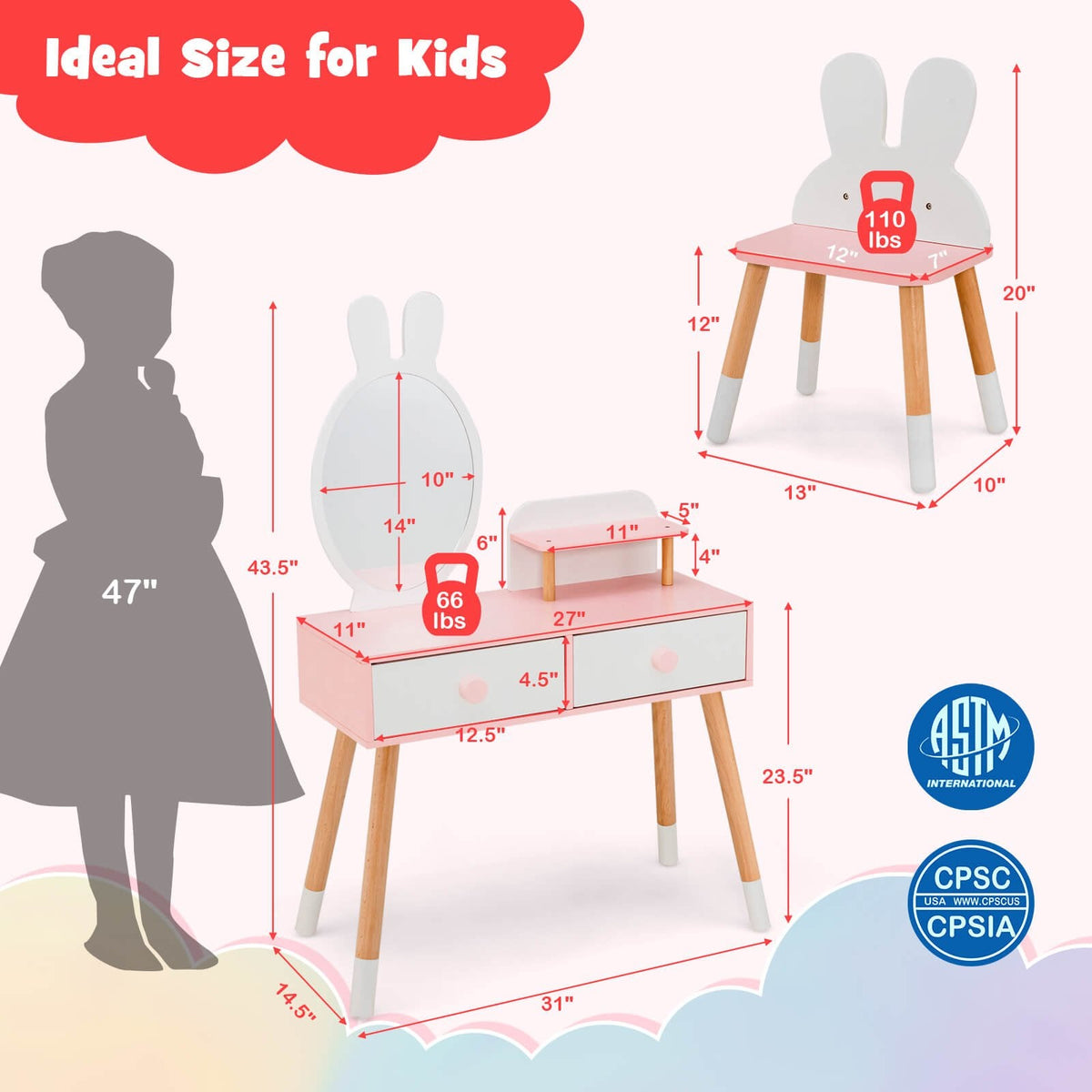 Kids Vanity Table and Chair Set with Drawer Shelf and Rabbit Mirror-White