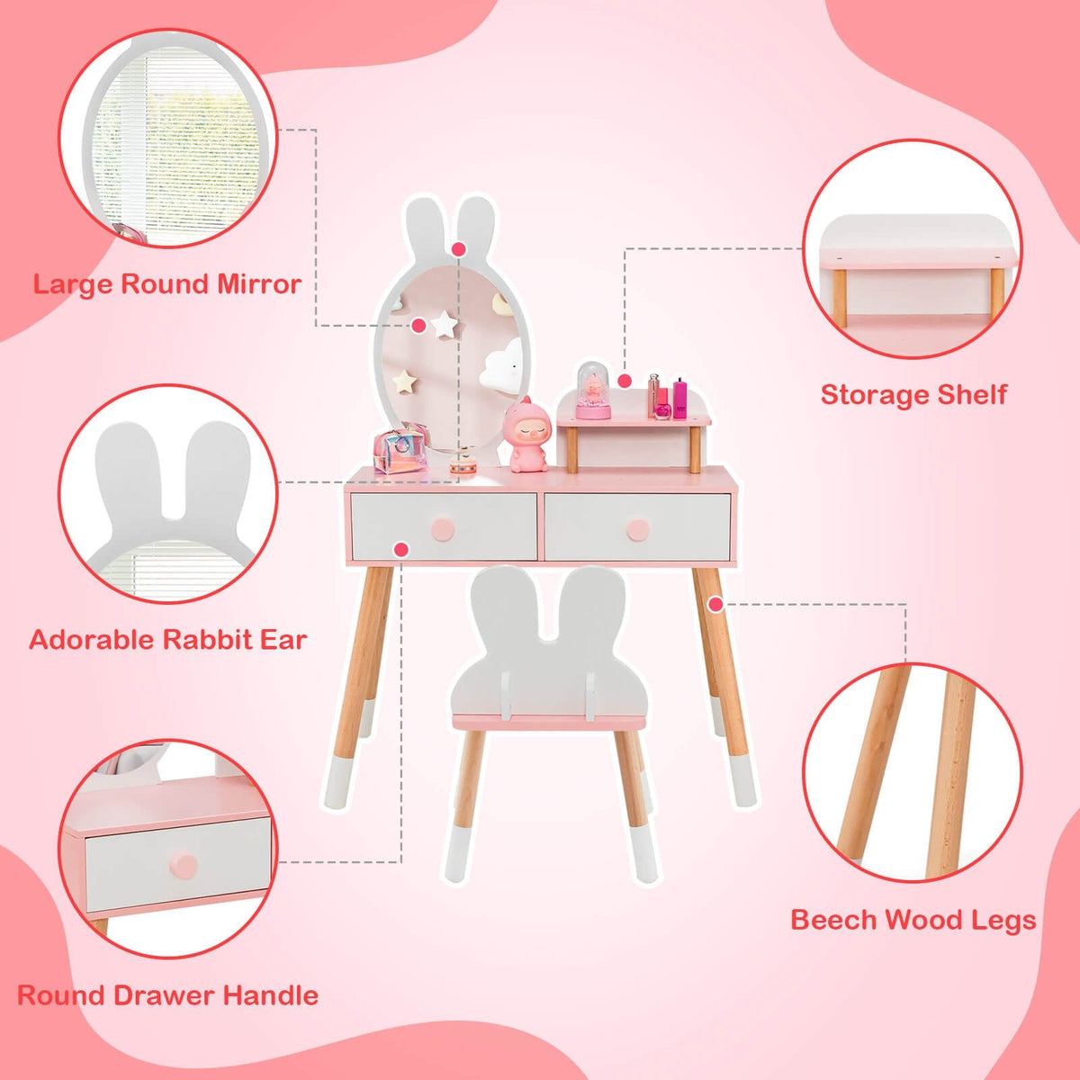 Kids Vanity Table and Chair Set with Drawer Shelf and Rabbit Mirror-White