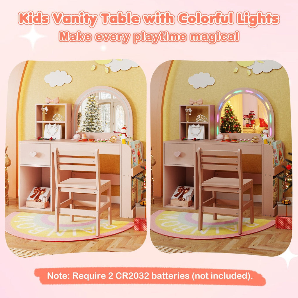 Kids Vanity Table and Chair Set with Lighted Mirror for Kids Aged 3+ Years Old-Pink