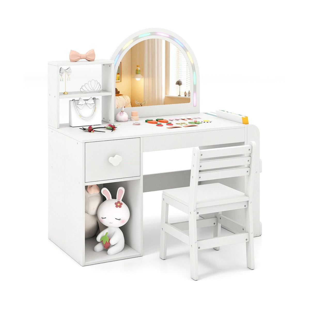 Kids Vanity Table and Chair Set with Lighted Mirror for Kids Aged 3+ Years Old-White