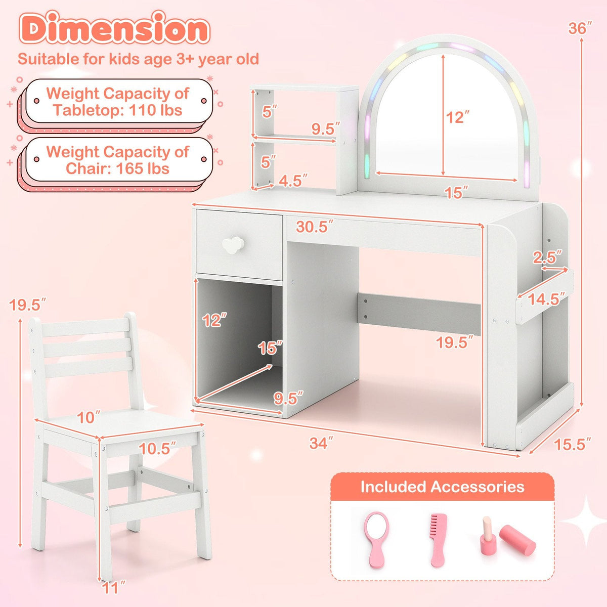 Kids Vanity Table and Chair Set with Lighted Mirror for Kids Aged 3+ Years Old-White