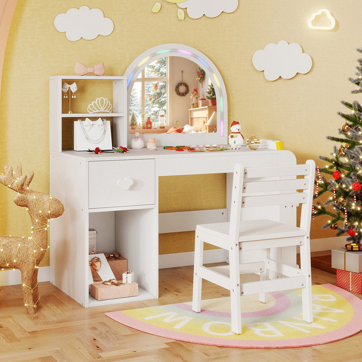 Kids Vanity Table and Chair Set with Lighted Mirror for Kids Aged 3+ Years Old-White