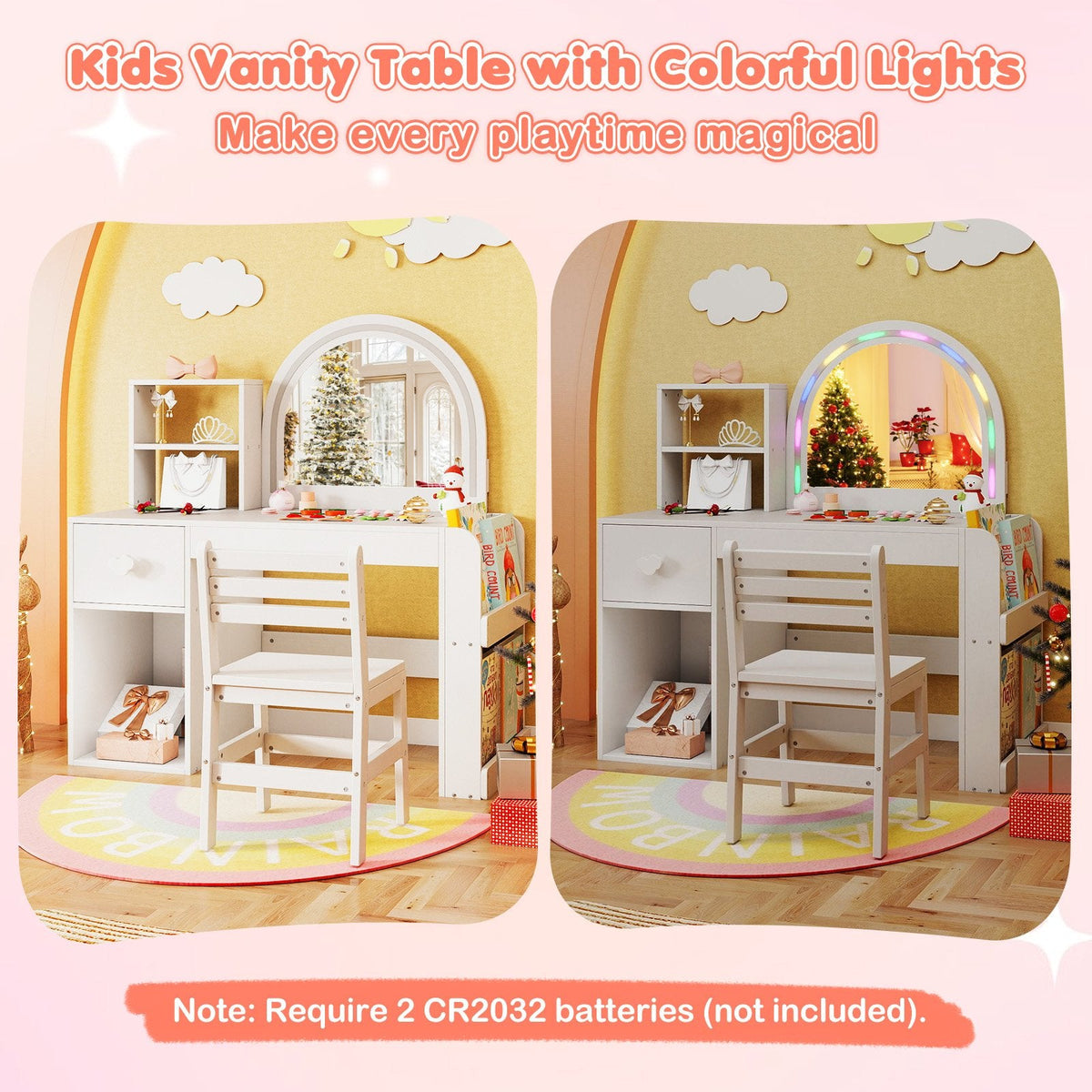 Kids Vanity Table and Chair Set with Lighted Mirror for Kids Aged 3+ Years Old-White