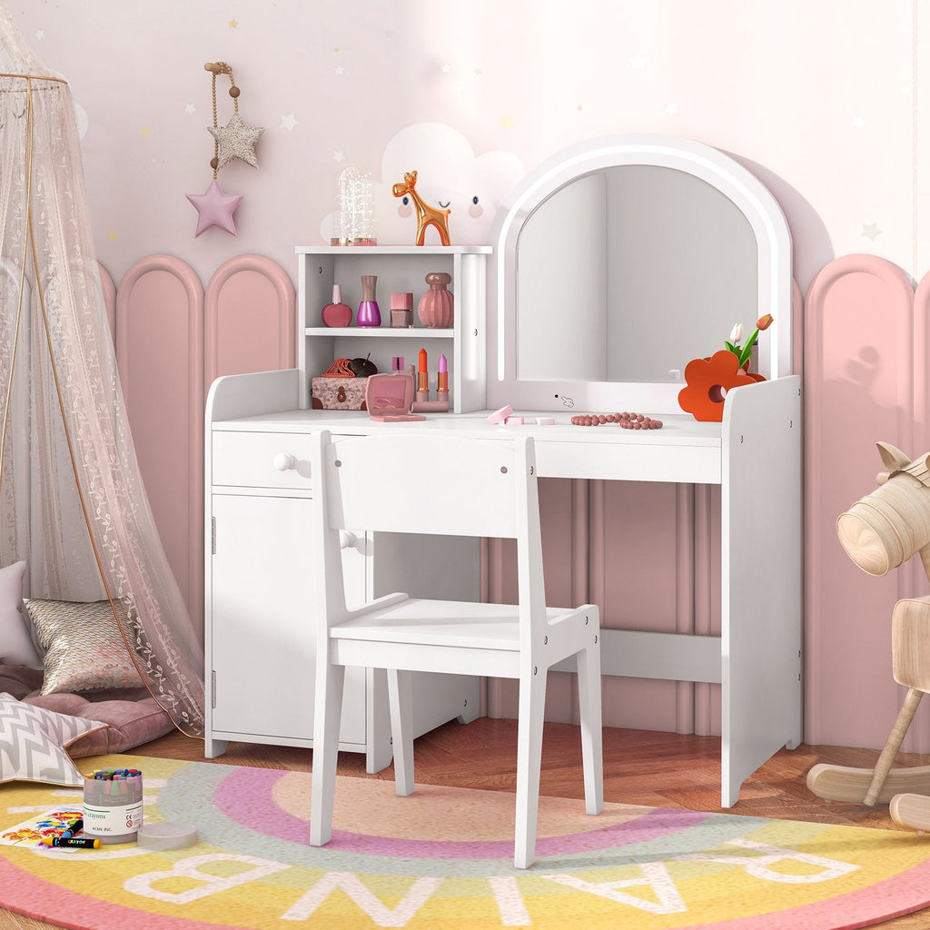 Kids Vanity Table and Chair Set with Shelves Drawer and Cabinet-White