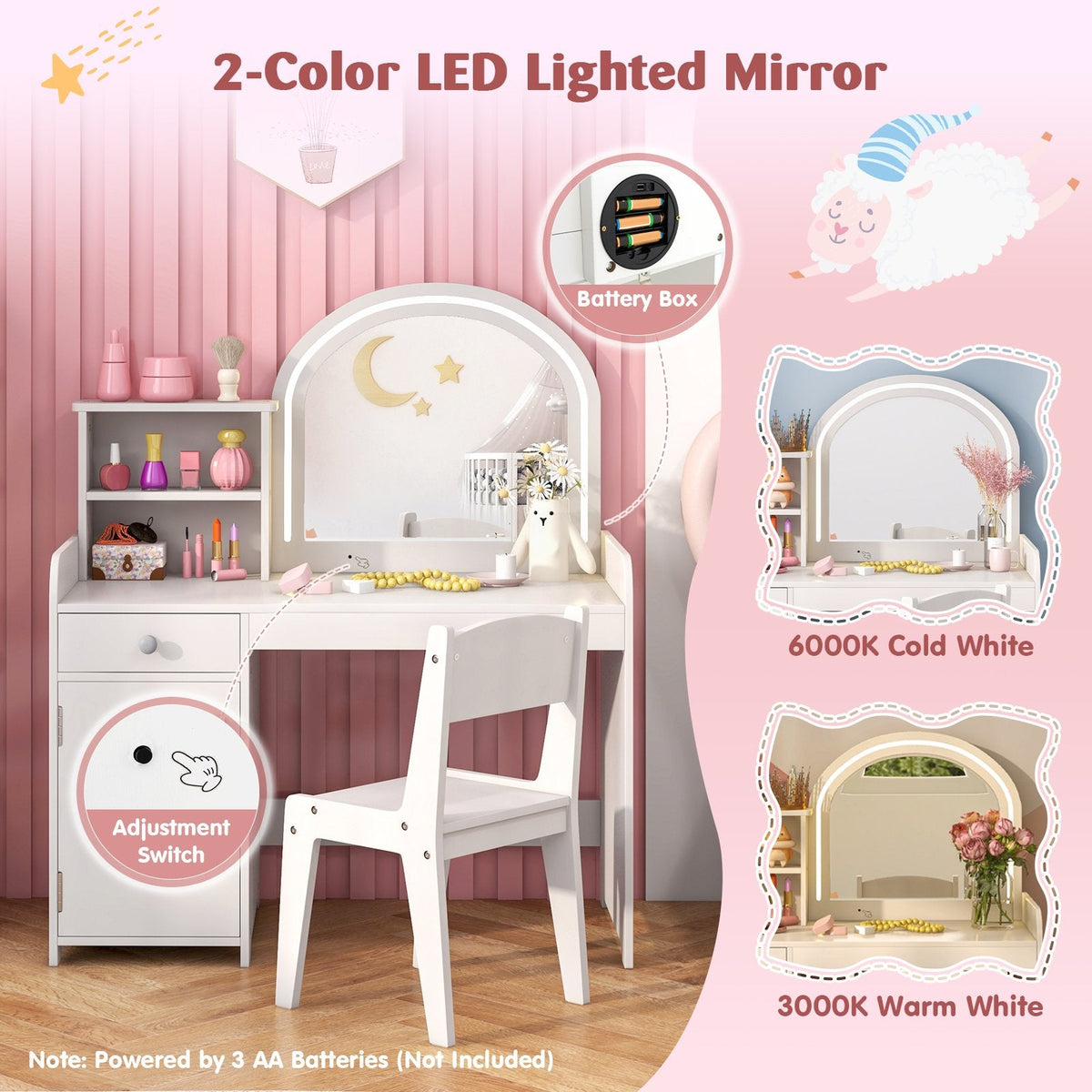 Kids Vanity Table and Chair Set with Shelves Drawer and Cabinet-White