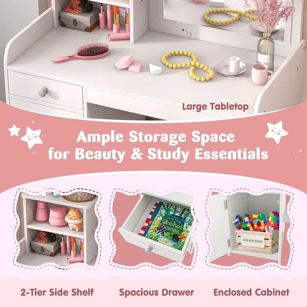Kids Vanity Table and Chair Set with Shelves Drawer and Cabinet-White