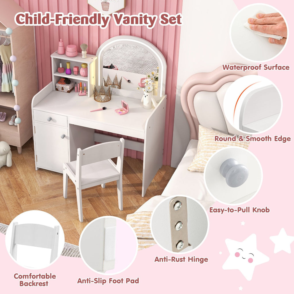 Kids Vanity Table and Chair Set with Shelves Drawer and Cabinet-White