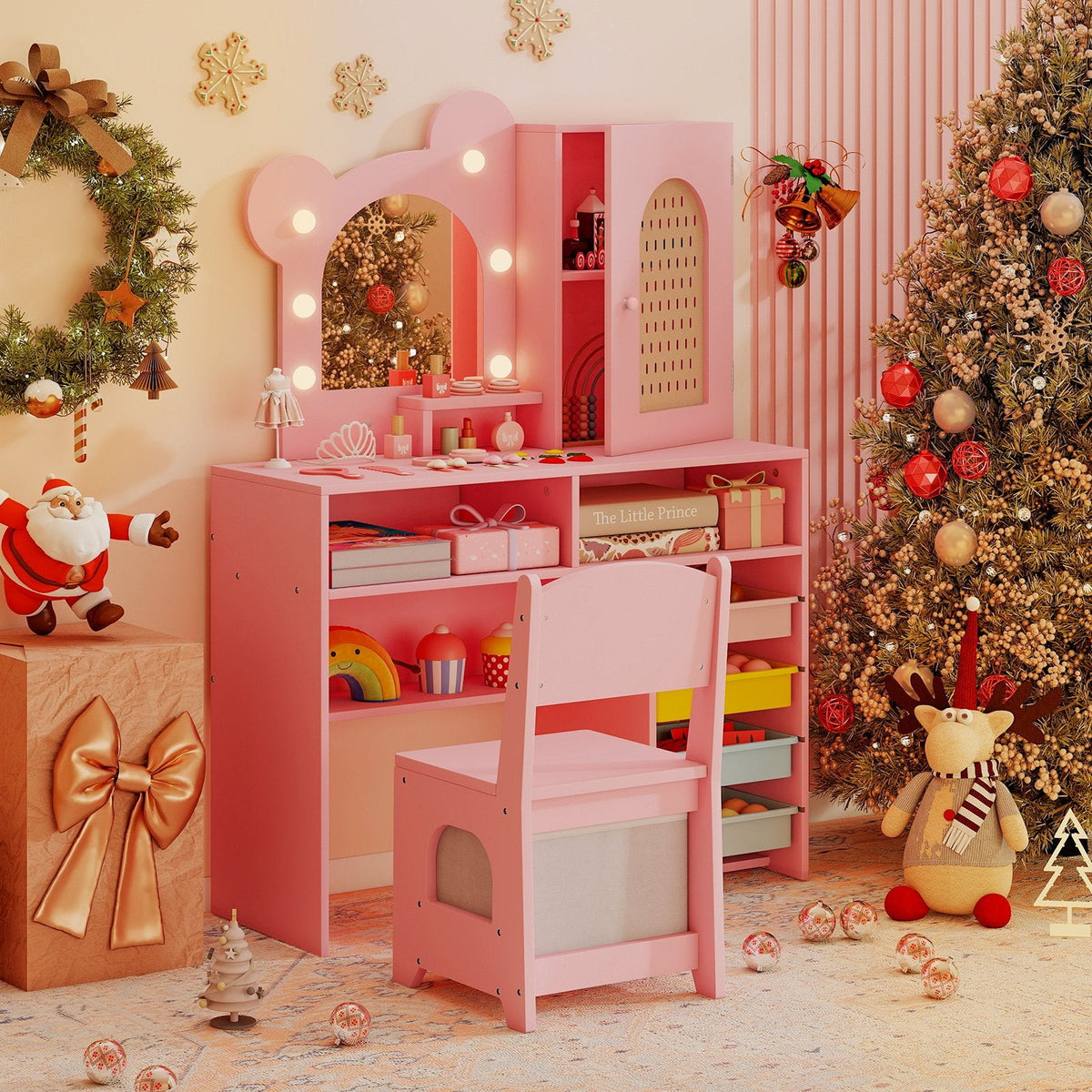 Kids Vanity with Lights and 5 Drawers for Kids Aged 3+ Years Old-Pink