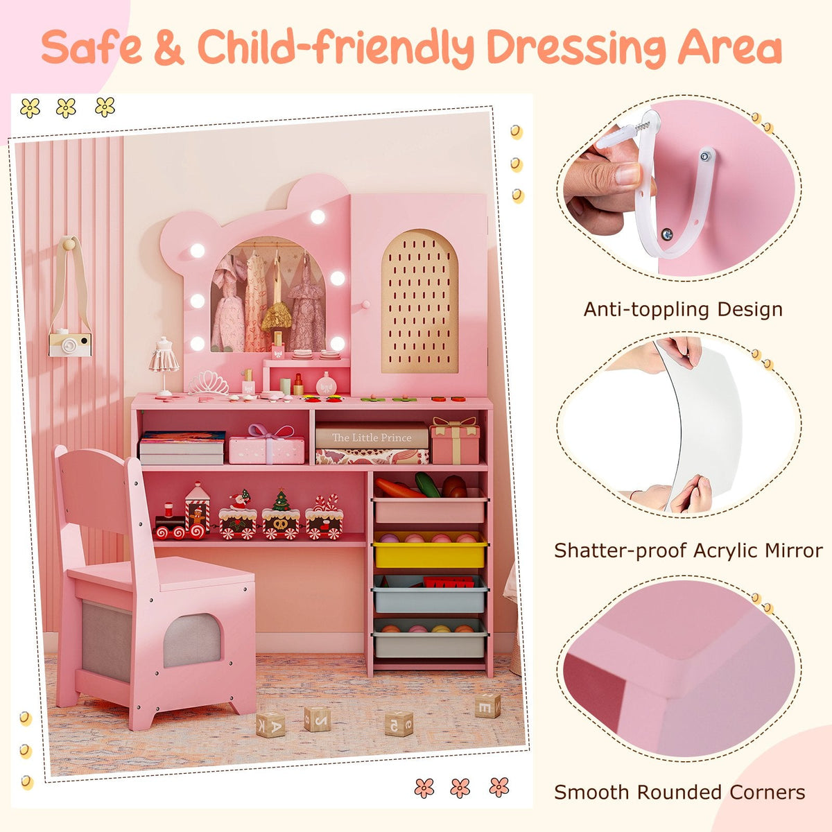 Kids Vanity with Lights and 5 Drawers for Kids Aged 3+ Years Old-Pink