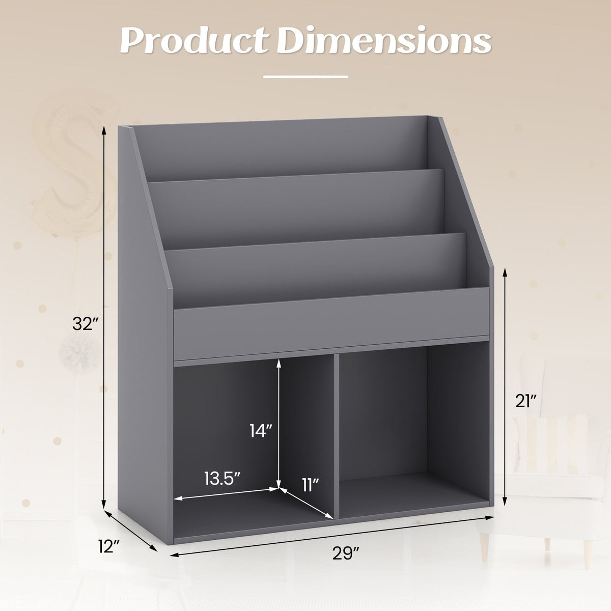 Kids Wooden Bookshelf Bookcase Children Toy Storage Cabinet Organizer-Gray