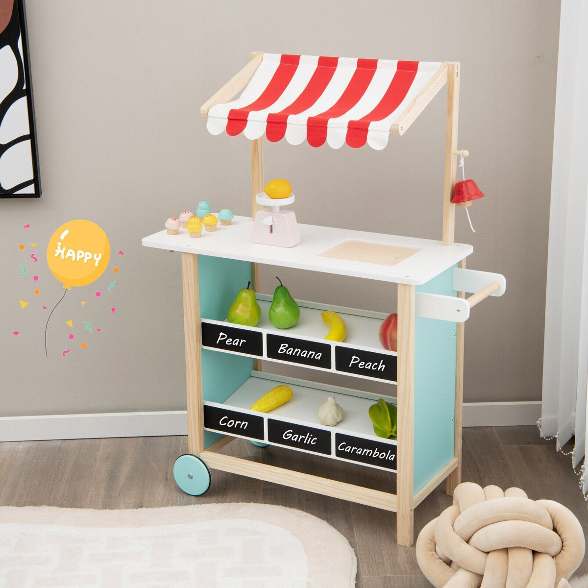 Wooden Ice Cream Cart for Kids with Chalkboard Shelves, Scale, Bell and Wheels