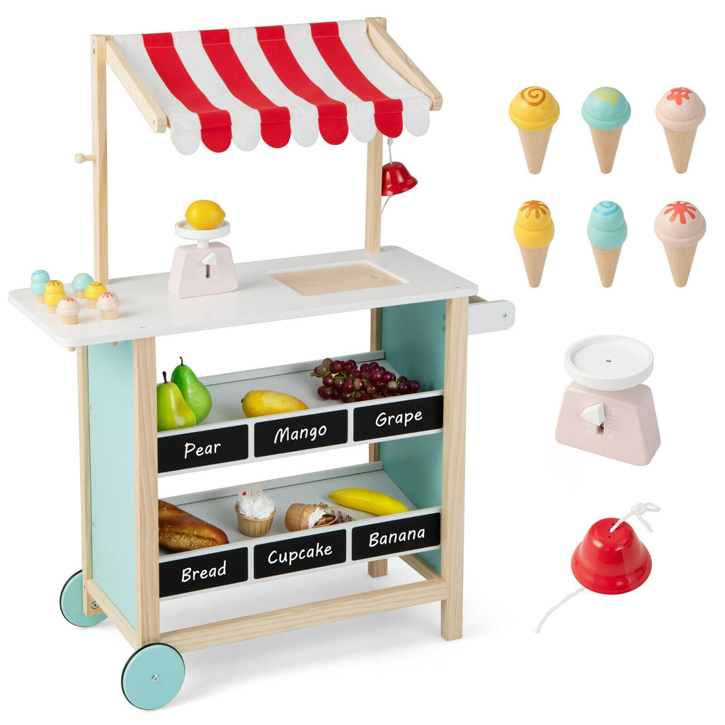 Wooden Ice Cream Cart for Kids with Chalkboard Shelves, Scale, Bell and Wheels