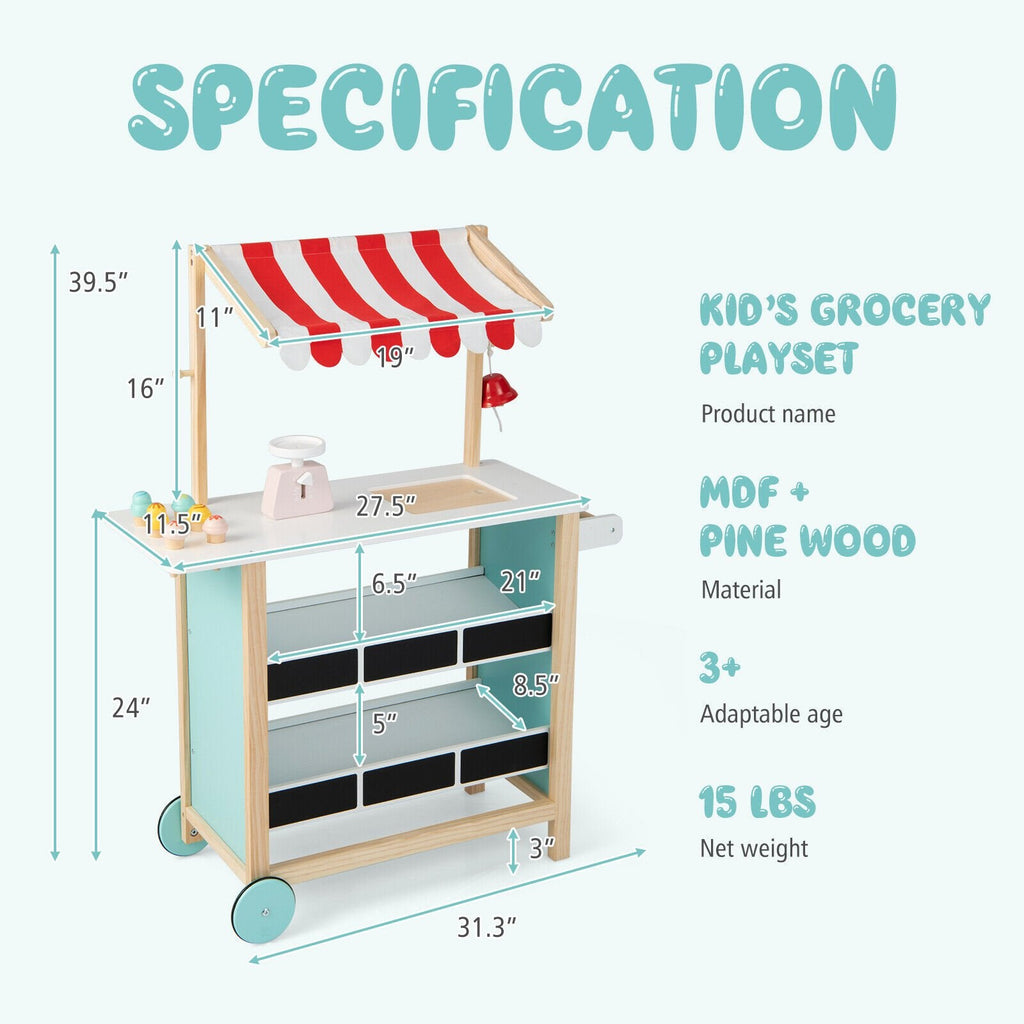 Wooden Ice Cream Cart for Kids with Chalkboard Shelves, Scale, Bell and Wheels