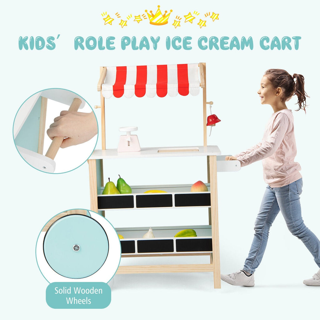 Wooden Ice Cream Cart for Kids with Chalkboard Shelves, Scale, Bell and Wheels