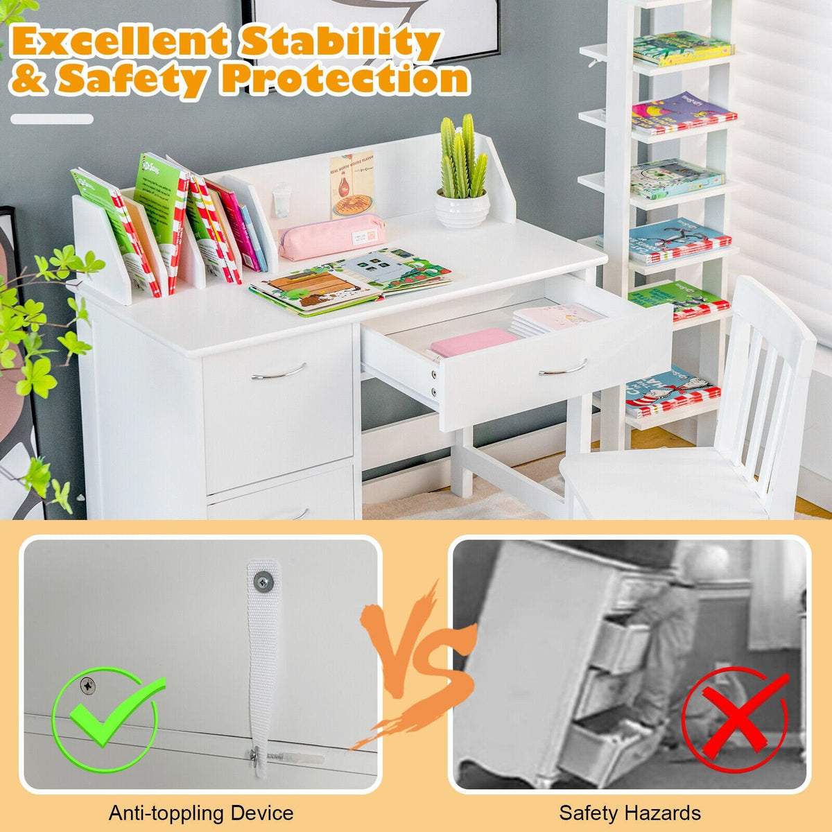 Kids Wooden Writing Furniture Set with Drawer and Storage Cabinet-White