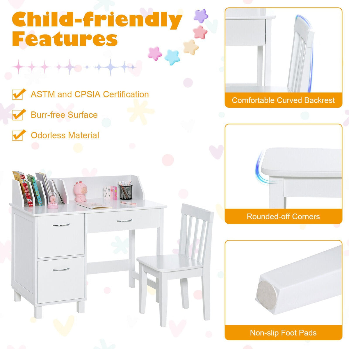 Kids Wooden Writing Furniture Set with Drawer and Storage Cabinet-White