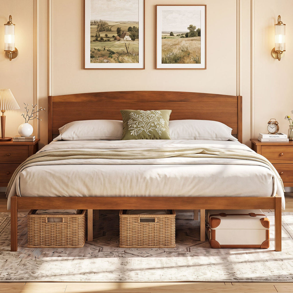King Size Wooden Platform Bed Frame with Curved Headboard-Walnut