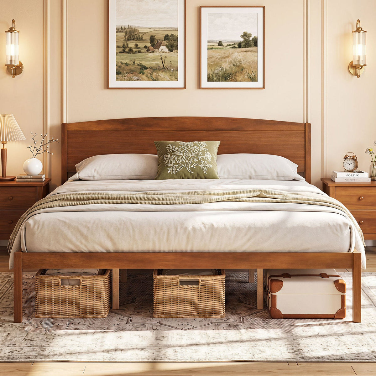 King Size Wooden Platform Bed Frame with Curved Headboard-Walnut