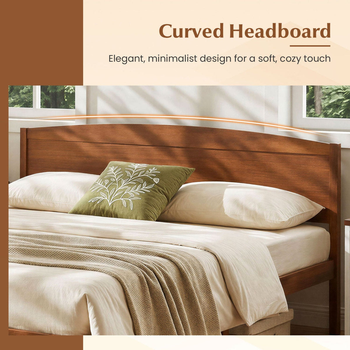 King Size Wooden Platform Bed Frame with Curved Headboard-Walnut
