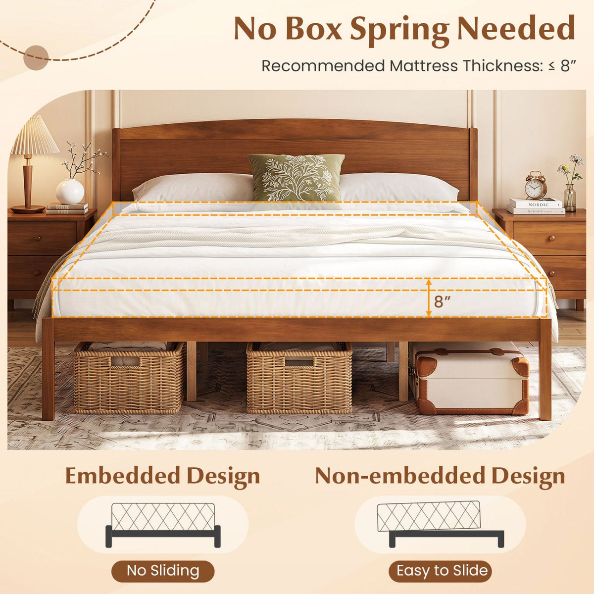 King Size Wooden Platform Bed Frame with Curved Headboard-Walnut