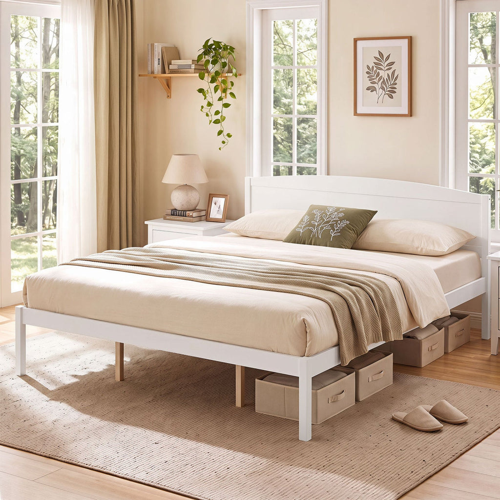 King Size Wooden Platform Bed Frame with Curved Headboard-White