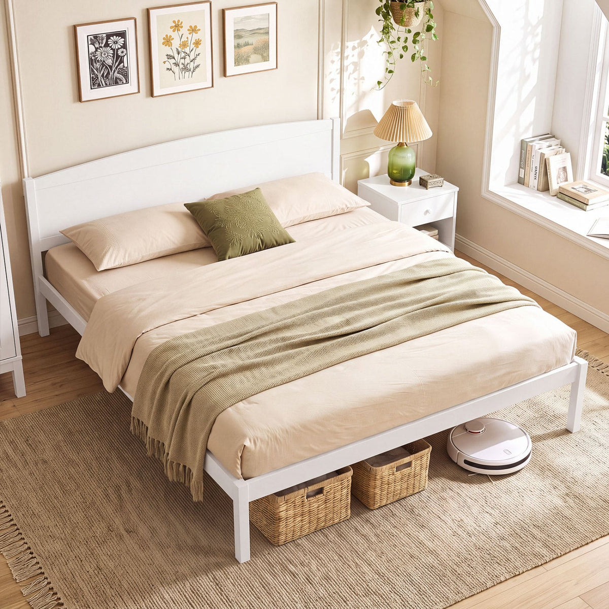 King Size Wooden Platform Bed Frame with Curved Headboard-White