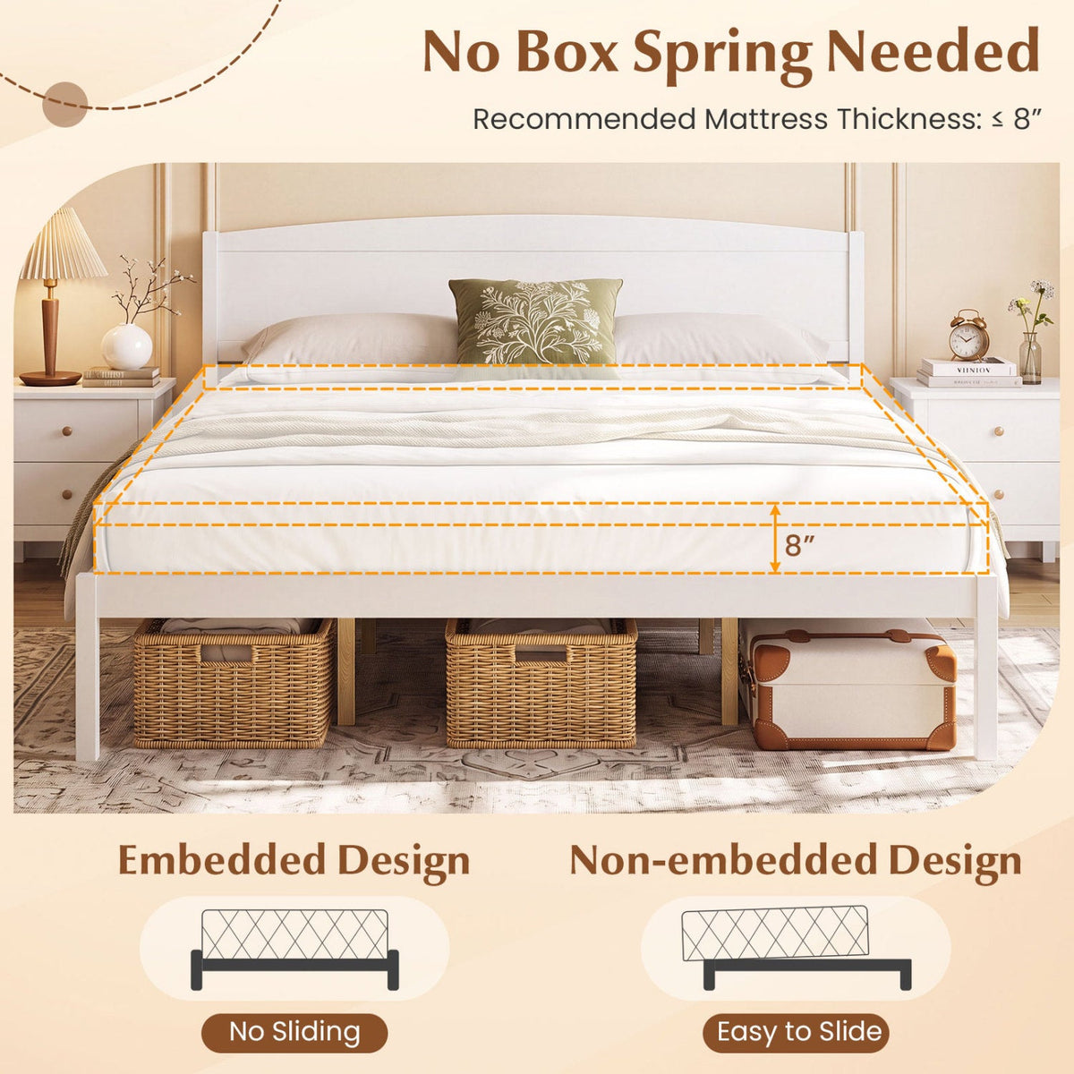 King Size Wooden Platform Bed Frame with Curved Headboard-White