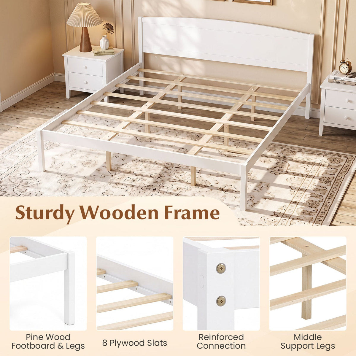 King Size Wooden Platform Bed Frame with Curved Headboard-White