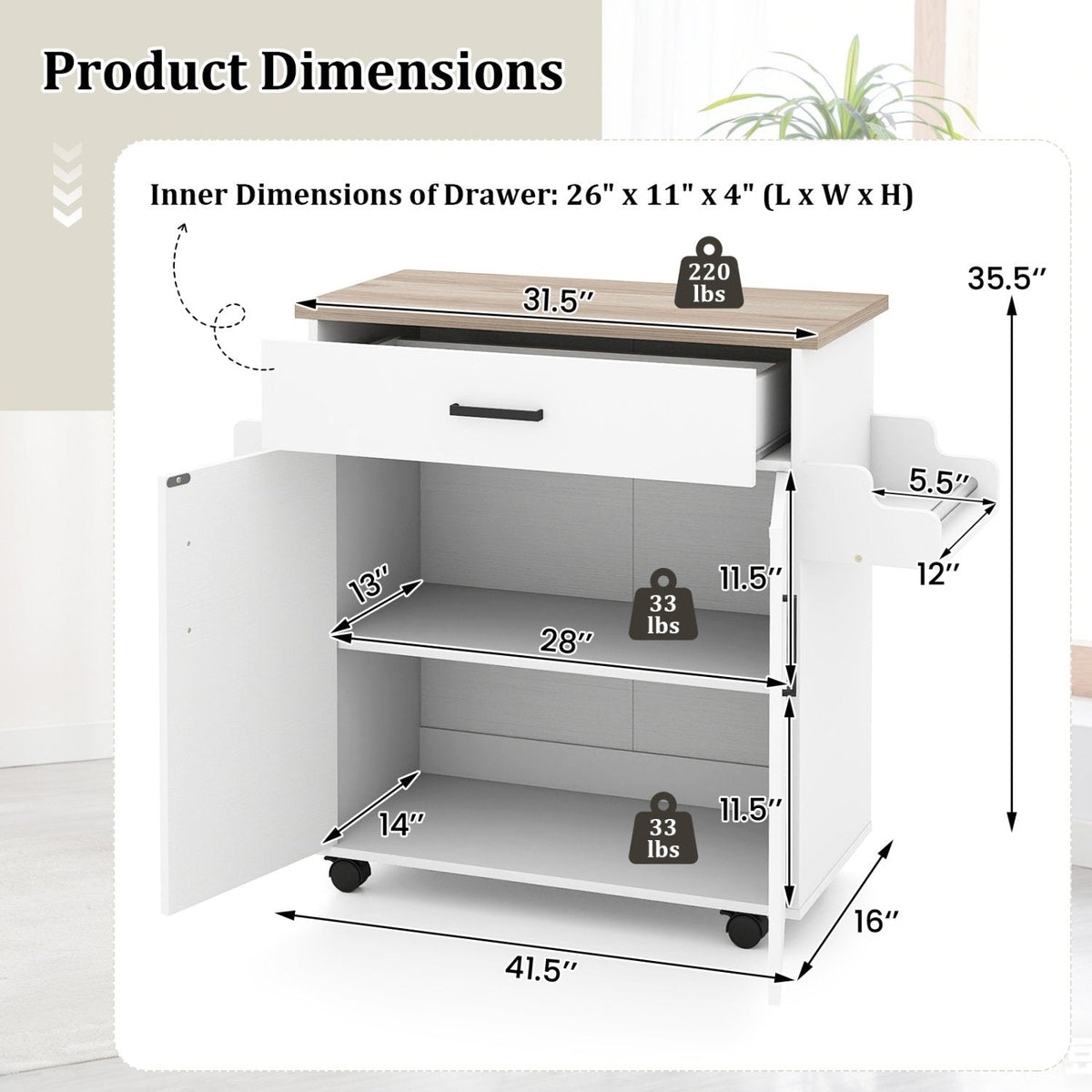 Kitchen Island Cart Rolling Kitchen Storage Island with Drawer-White