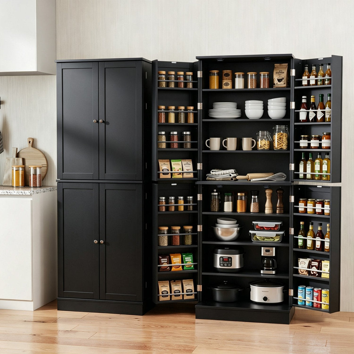 Kitchen Pantry Cabinet 65.5 Inch Freestanding Tall Buffet Cupboard-Black