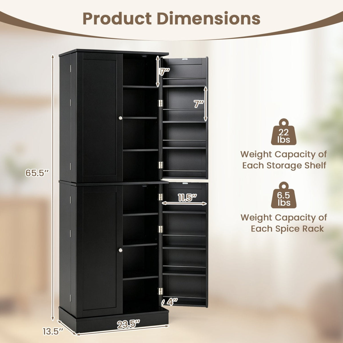 Kitchen Pantry Cabinet 65.5 Inch Freestanding Tall Buffet Cupboard-Black