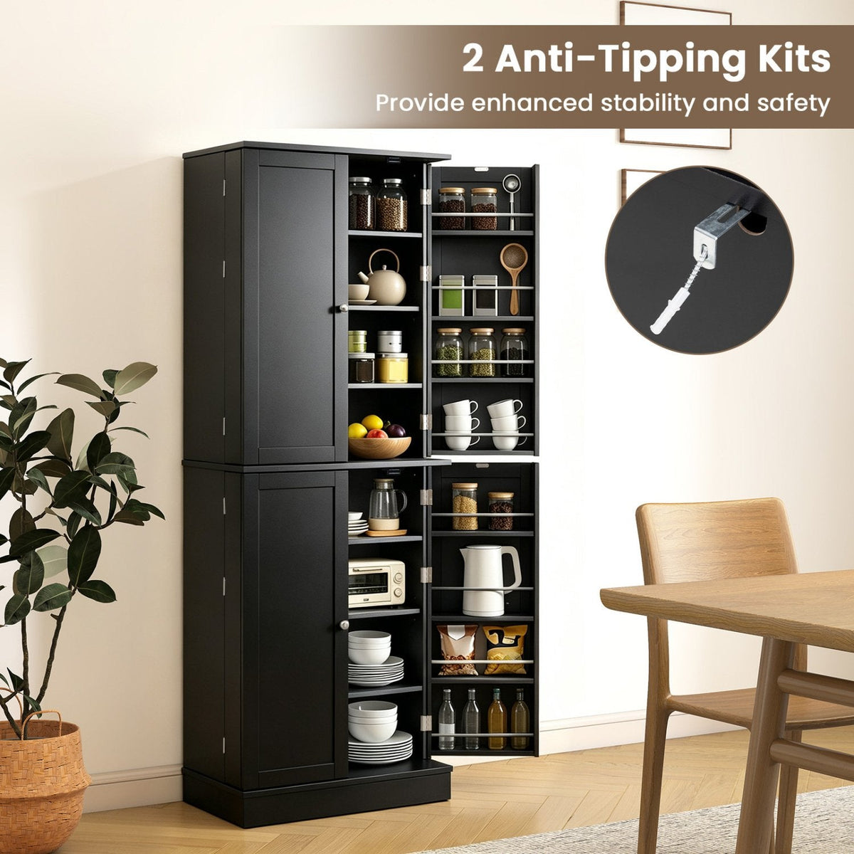 Kitchen Pantry Cabinet 65.5 Inch Freestanding Tall Buffet Cupboard-Black