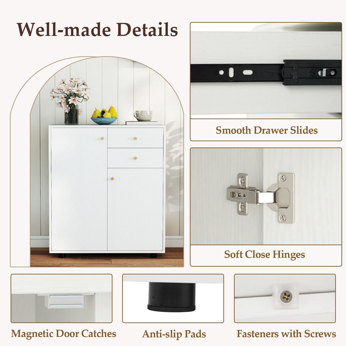 Kitchen Sideboard Buffet Cabinet Coffee Bar Cabinet with 2 Drawers 2 Doors and 3 Adjustable Shelves-White
