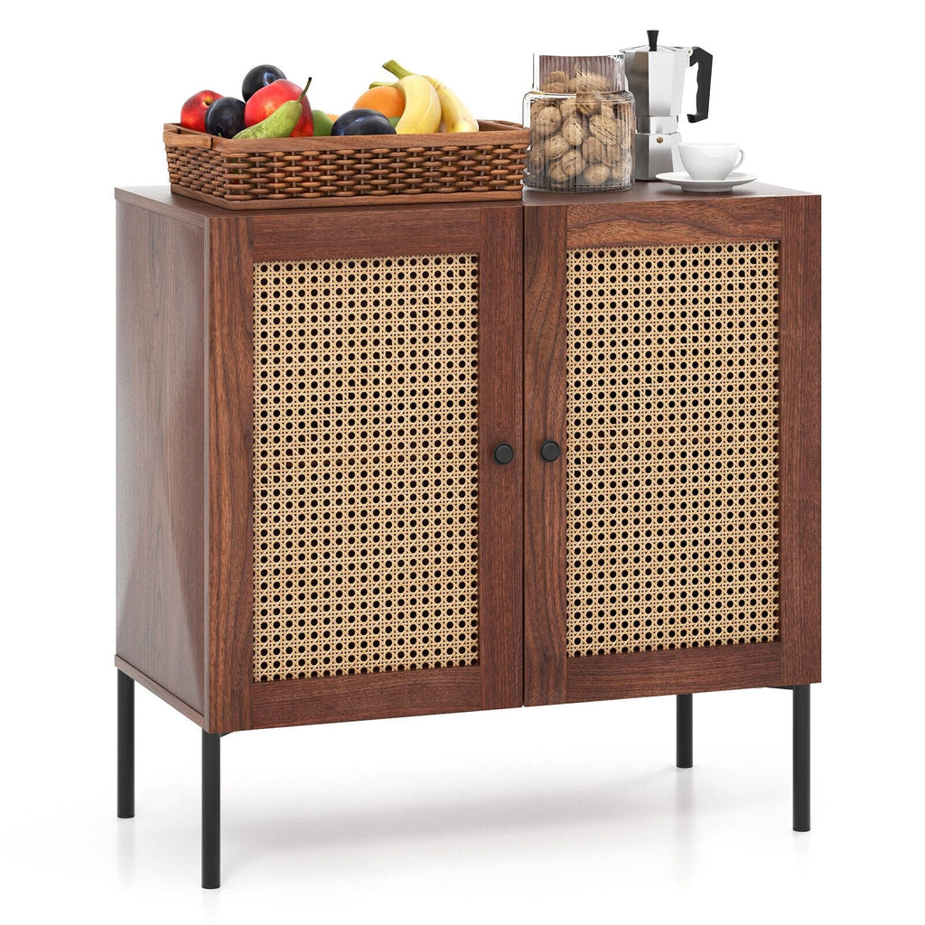Kitchen Sideboard with 2 Rattan Doors and Adjustable Shelf-Walnut