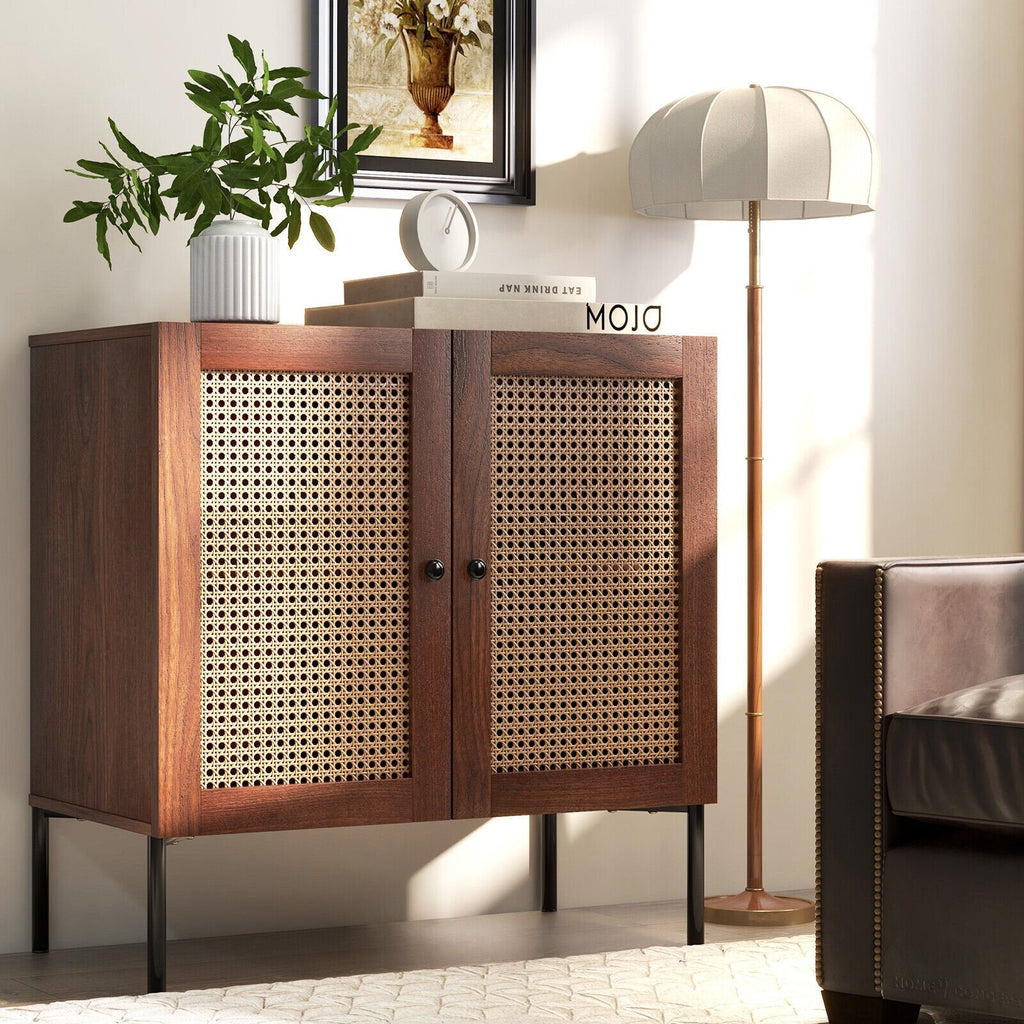 Kitchen Sideboard with 2 Rattan Doors and Adjustable Shelf-Walnut