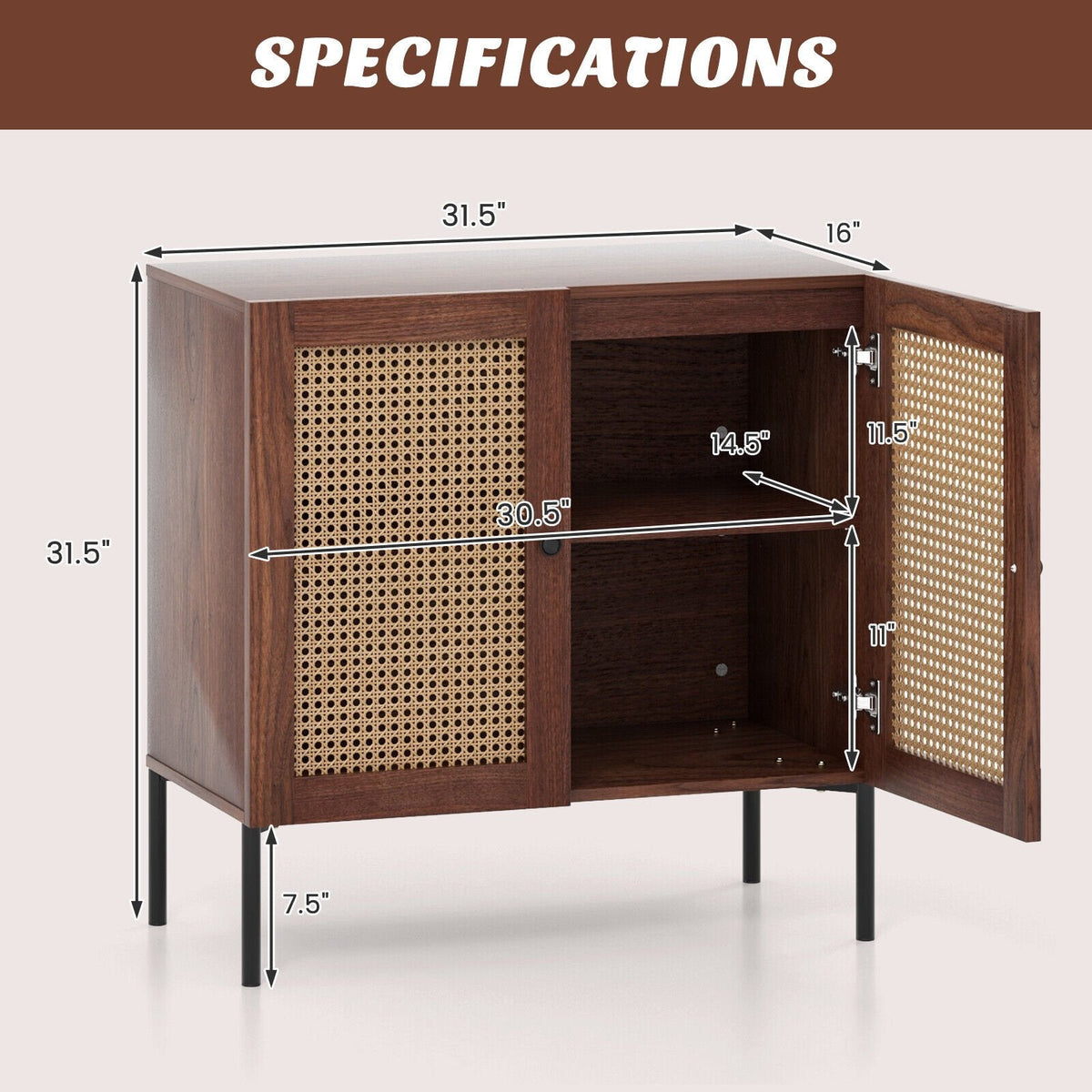 Kitchen Sideboard with 2 Rattan Doors and Adjustable Shelf-Walnut
