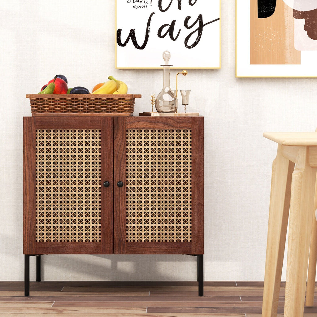 Kitchen Sideboard with 2 Rattan Doors and Adjustable Shelf-Walnut