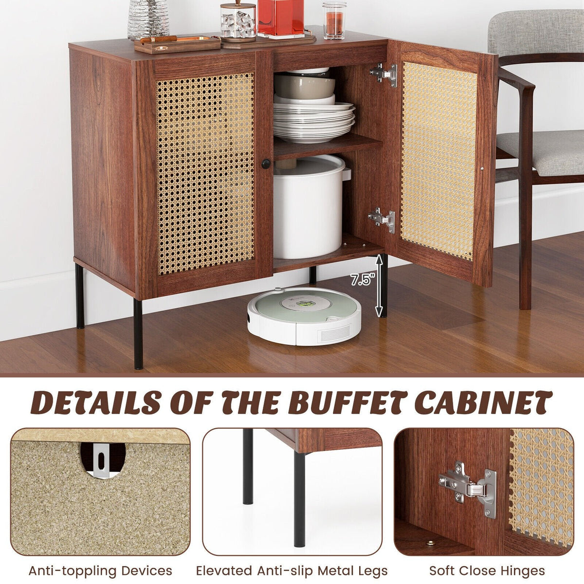Kitchen Sideboard with 2 Rattan Doors and Adjustable Shelf-Walnut