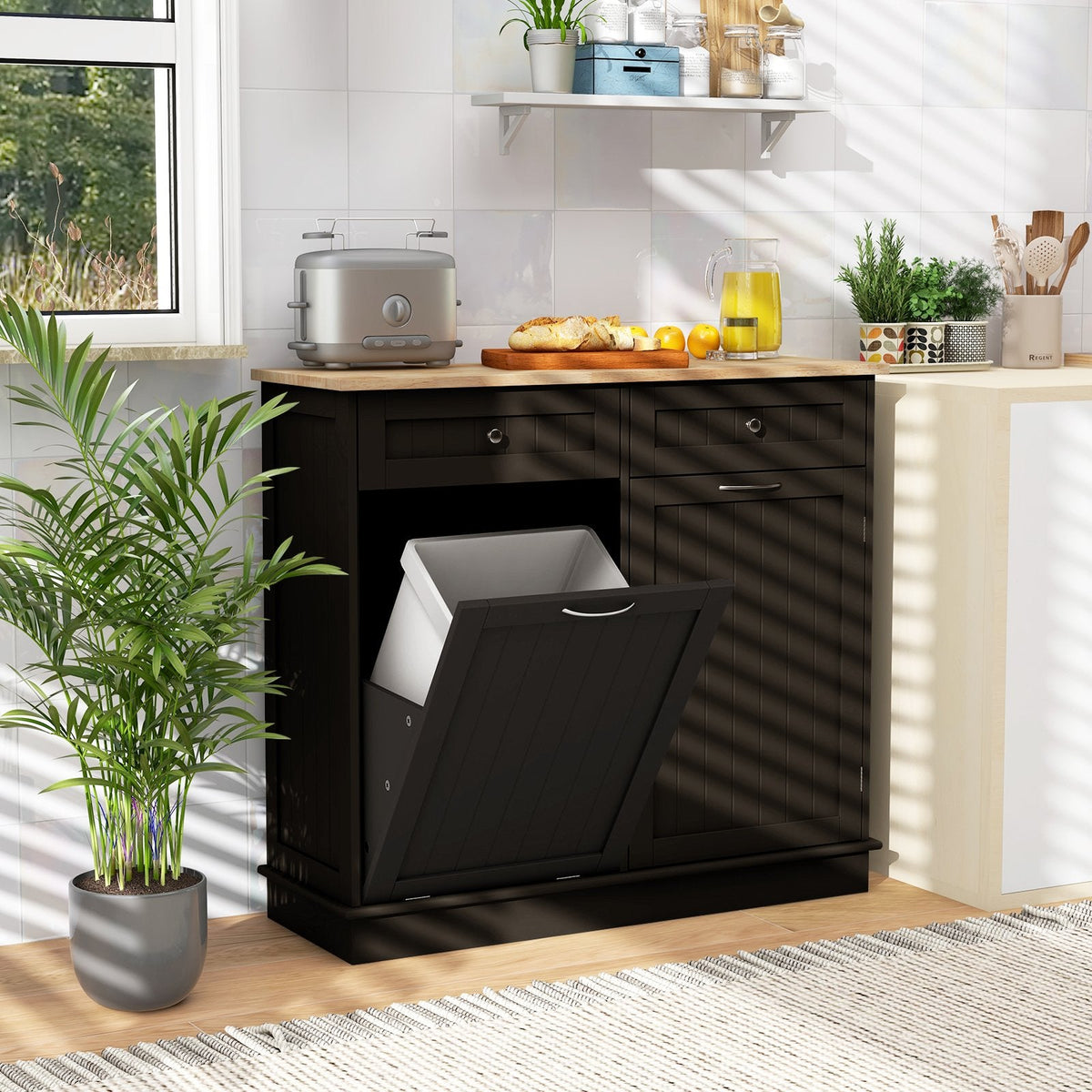 Kitchen Tilt Out Trash Cabinet with 2 Drawers and Adjustable Shelf-Brown