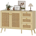 47" Buffet Cabinet with Soft-Close Doors, Rattan Sideboard with Drawers, Adjustable Shelf and Wooden Legs, Natural