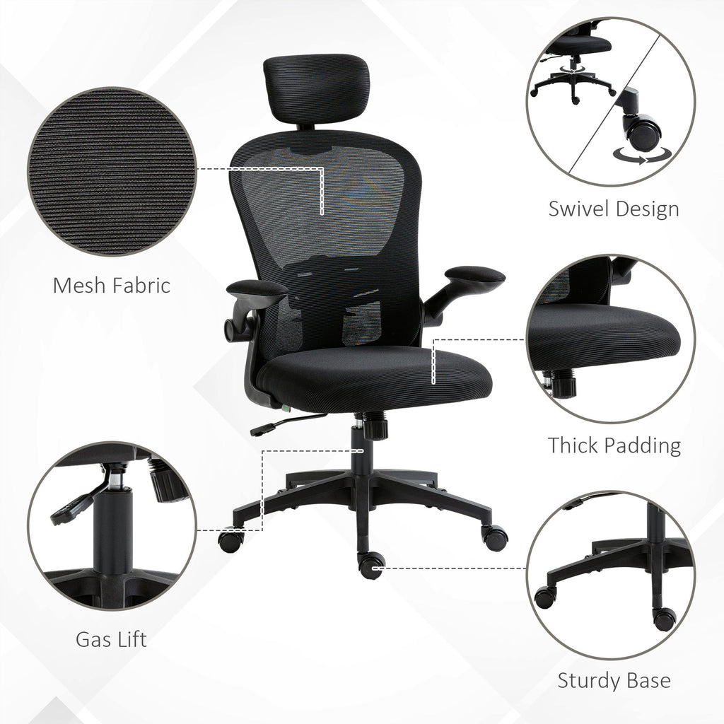 Office Chair, Mesh Computer Desk Chair with Adjustable Headrest, 4D Lumbar Support, Flip-up Arm, Grey