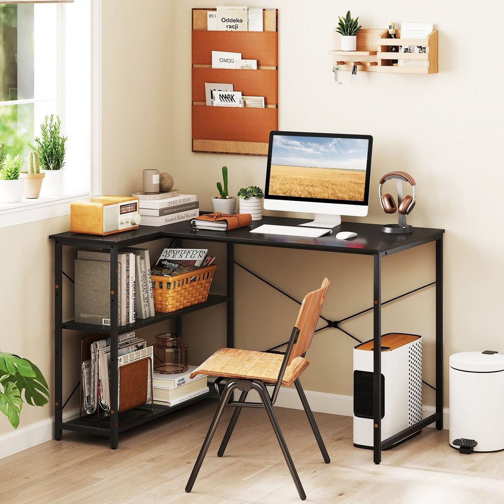 L-shaped 47 Inch Reversible Corner Desk with Adjustable Storage Shelves-Black